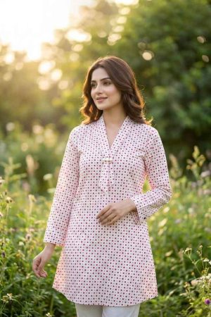 Exclusive purple polka dot cotton kurti with stylish neck design for women - Dhaka Fashion Shop