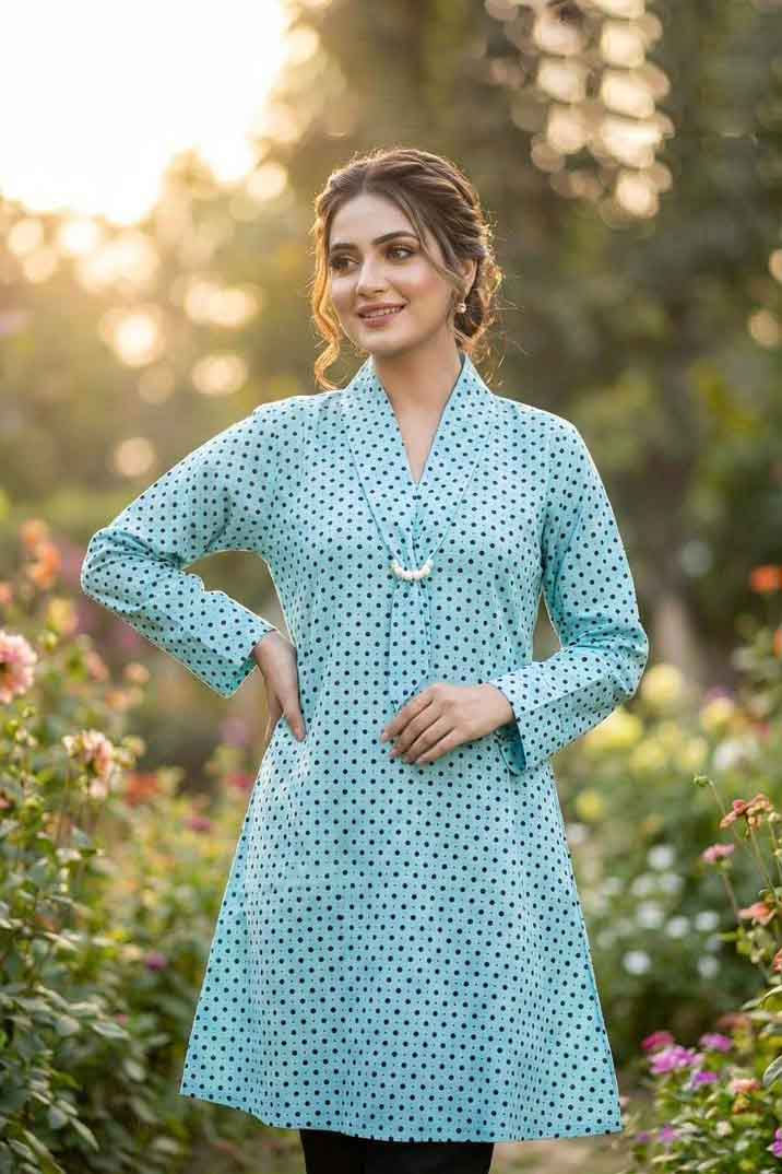 Exclusive light blue polka dot cotton kurti for women in Bangladesh