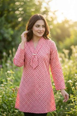 ঢাকা ফ্যাশন শপের বেগুনি রঙের পোলকা ডট সুতি কুর্তি যাতে চমৎকার নেক ডিজাইন এবং মুক্তার ব্রোচ রয়েছে।