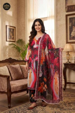 Three Piece Deep Burgundy Red Floral