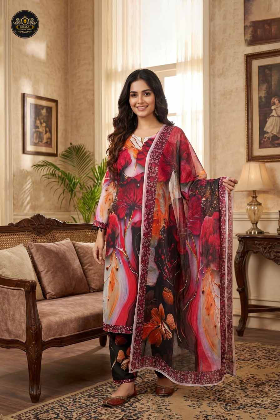 Three Piece Deep Burgundy Red Floral