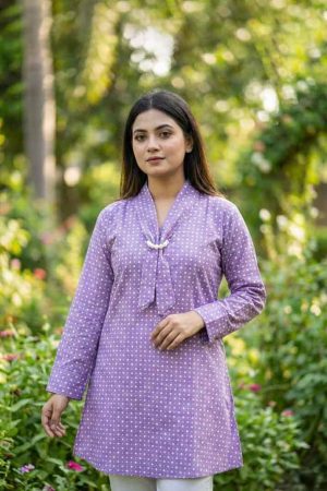 Stylish Purple Polka Dot Tunic for Girls in Bangladesh. Exclusive purple polka dot cotton kurti with stylish neck design for women - Dhaka Fashion Shop